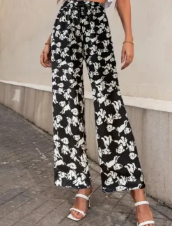 Clearance Women's Wide Leg Pants Trousers Casual Daily Long Graphic Paisley Dog Side Pockets Print Elastic Drawstring Design Breathability Comfortable Inelastic Going out Weekend Black & White Black Yellow Gray Women Pants