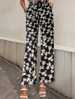 Clearance Women's Wide Leg Pants Trousers Casual Daily Long Graphic Paisley Dog Side Pockets Print Elastic Drawstring Design Breathability Comfortable Inelastic Going out Weekend Black & White Black Yellow Gray Women Pants