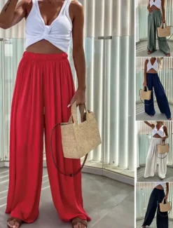 Best Women's Wide Leg Pants Trousers Streetwear Casual Long High Waist Plain Elastic Drawstring Design High Cut Breathability Soft Micro-elastic Vacation Street Daily Wear Black Light Green Red Navy Blue Women Pants