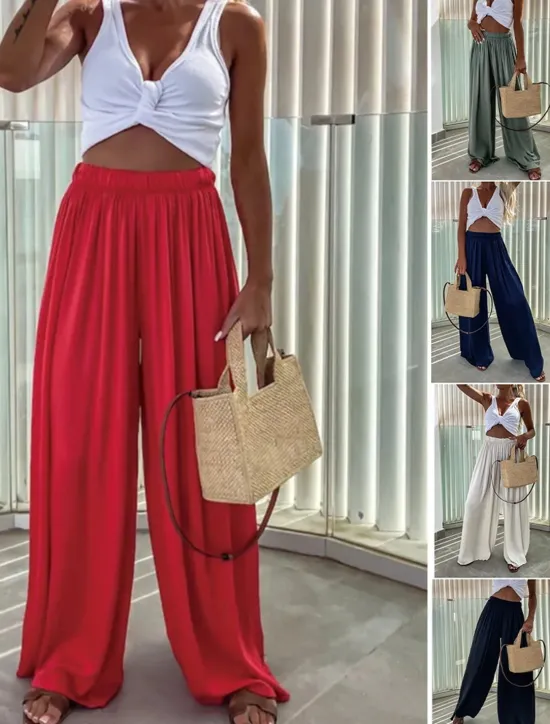 Best Women's Wide Leg Pants Trousers Streetwear Casual Long High Waist Plain Elastic Drawstring Design High Cut Breathability Soft Micro-elastic Vacation Street Daily Wear Black Light Green Red Navy Blue Women Pants