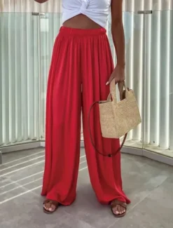 Best Women's Wide Leg Pants Trousers Streetwear Casual Long High Waist Plain Elastic Drawstring Design High Cut Breathability Soft Micro-elastic Vacation Street Daily Wear Black Light Green Red Navy Blue Women Pants