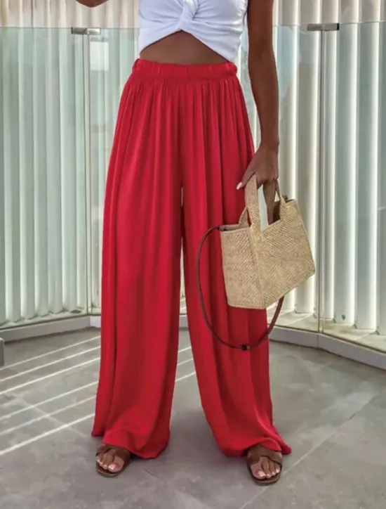 Best Women's Wide Leg Pants Trousers Streetwear Casual Long High Waist Plain Elastic Drawstring Design High Cut Breathability Soft Micro-elastic Vacation Street Daily Wear Black Light Green Red Navy Blue Women Pants
