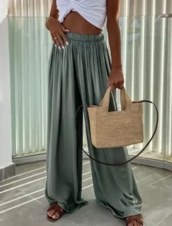 Best Women's Wide Leg Pants Trousers Streetwear Casual Long High Waist Plain Elastic Drawstring Design High Cut Breathability Soft Micro-elastic Vacation Street Daily Wear Black Light Green Red Navy Blue Women Pants