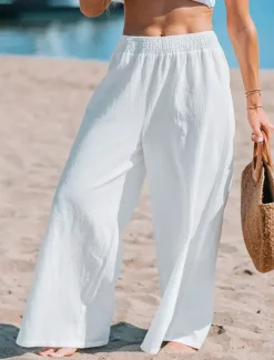 Sale Women's Wide Leg Pants Trousers Streetwear Casual Long High Waist Plain Elastic Waist High Cut Breathability Soft Micro-elastic Vacation Street Daily Wear Summer Spring Regular Fit Women Pants