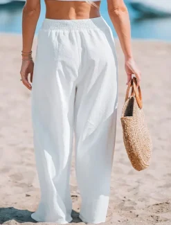Sale Women's Wide Leg Pants Trousers Streetwear Casual Long High Waist Plain Elastic Waist High Cut Breathability Soft Micro-elastic Vacation Street Daily Wear Summer Spring Regular Fit Women Pants