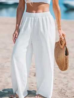 Sale Women's Wide Leg Pants Trousers Streetwear Casual Long High Waist Plain Elastic Waist High Cut Breathability Soft Micro-elastic Vacation Street Daily Wear Summer Spring Regular Fit Women Pants