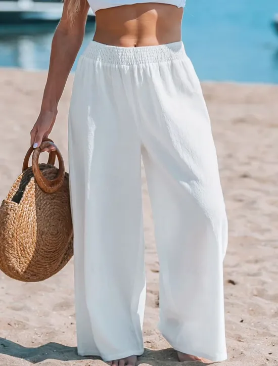 Sale Women's Wide Leg Pants Trousers Streetwear Casual Long High Waist Plain Elastic Waist High Cut Breathability Soft Micro-elastic Vacation Street Daily Wear Summer Spring Regular Fit Women Pants