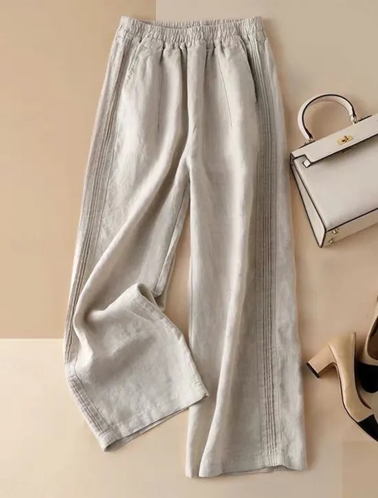 New Women's Wide Leg Pants Trousers Baggy Pants Fashion Streetwear Full Length High Waist Plain Pocket Elastic Waist Baggy Breathability Comfortable Micro-elastic Vacation Street Casual rice white Women Pants