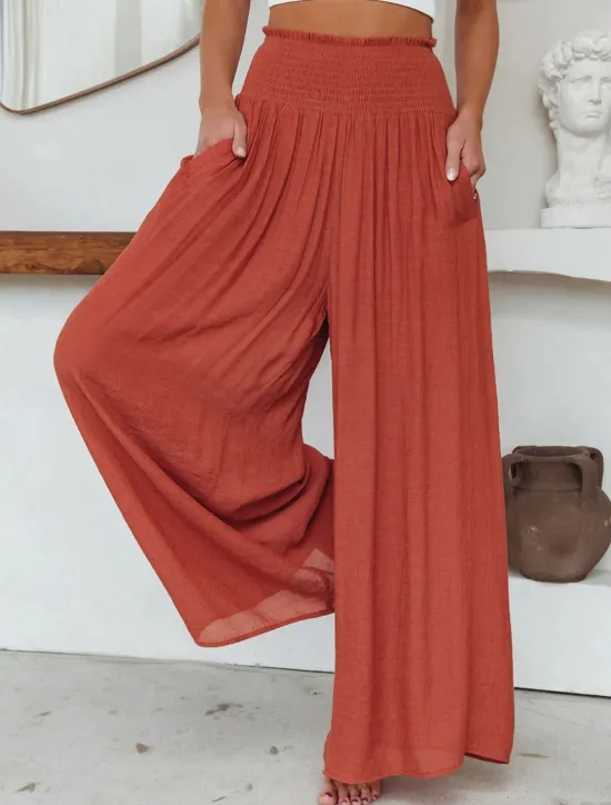 Online Women's Wide Leg Pants Trousers Vacation Simple Casual Full Length High Waist Plain Pocket Elastic Waist High Cut Comfort Breathability Soft Micro-elastic Home Street Daily Black Brick red Fall Winter Women Pants
