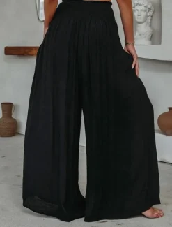 Online Women's Wide Leg Pants Trousers Vacation Simple Casual Full Length High Waist Plain Pocket Elastic Waist High Cut Comfort Breathability Soft Micro-elastic Home Street Daily Black Brick red Fall Winter Women Pants