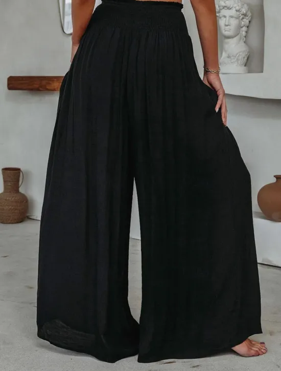 Online Women's Wide Leg Pants Trousers Vacation Simple Casual Full Length High Waist Plain Pocket Elastic Waist High Cut Comfort Breathability Soft Micro-elastic Home Street Daily Black Brick red Fall Winter Women Pants