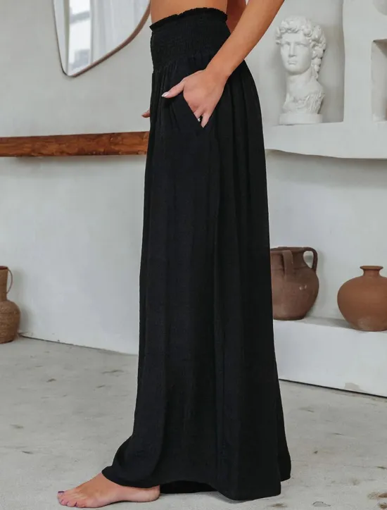 Online Women's Wide Leg Pants Trousers Vacation Simple Casual Full Length High Waist Plain Pocket Elastic Waist High Cut Comfort Breathability Soft Micro-elastic Home Street Daily Black Brick red Fall Winter Women Pants