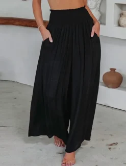 Online Women's Wide Leg Pants Trousers Vacation Simple Casual Full Length High Waist Plain Pocket Elastic Waist High Cut Comfort Breathability Soft Micro-elastic Home Street Daily Black Brick red Fall Winter Women Pants