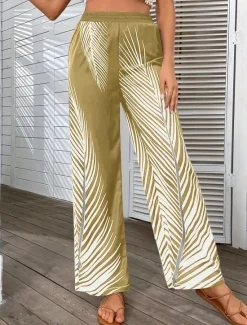 Women's Wide Leg Pants Trousers Casual Daily Long Leaf Wide Leg Print Breathability Comfortable Inelastic Going out Weekend Black White Khaki Spring & Summer Regular Fit Women Pants
