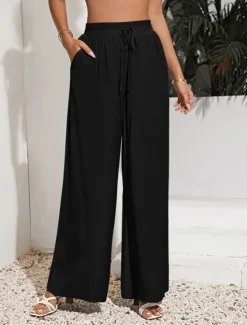 Sale Women's Wide Leg Pants Trousers Casual Daily Long Plain Drawstring Side Pockets Breathability Comfortable Micro-elastic Weekend Black Red Beige Gray Spring & Summer Regular Fit Women Pants