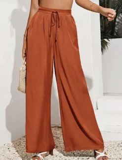 Sale Women's Wide Leg Pants Trousers Casual Daily Long Plain Drawstring Side Pockets Breathability Comfortable Micro-elastic Weekend Black Red Beige Gray Spring & Summer Regular Fit Women Pants