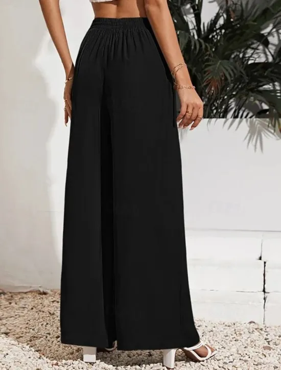 Sale Women's Wide Leg Pants Trousers Casual Daily Long Plain Drawstring Side Pockets Breathability Comfortable Micro-elastic Weekend Black Red Beige Gray Spring & Summer Regular Fit Women Pants