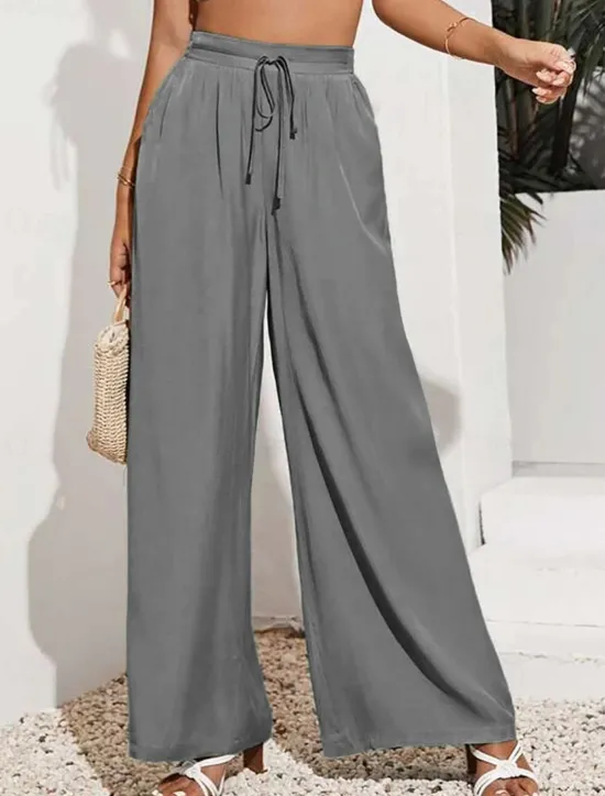 Sale Women's Wide Leg Pants Trousers Casual Daily Long Plain Drawstring Side Pockets Breathability Comfortable Micro-elastic Weekend Black Red Beige Gray Spring & Summer Regular Fit Women Pants