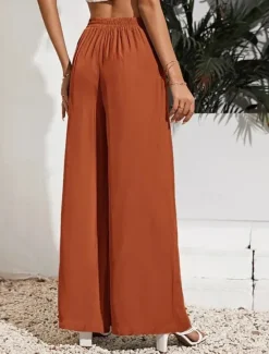 Sale Women's Wide Leg Pants Trousers Casual Daily Long Plain Drawstring Side Pockets Breathability Comfortable Micro-elastic Weekend Black Red Beige Gray Spring & Summer Regular Fit Women Pants