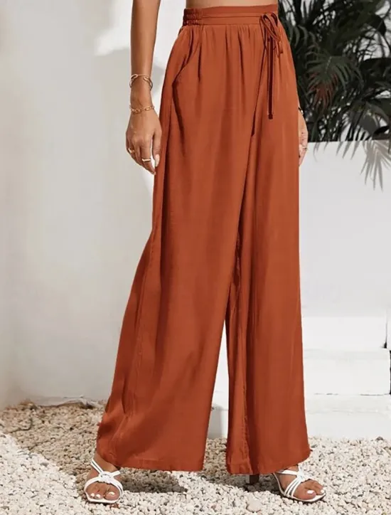 Sale Women's Wide Leg Pants Trousers Casual Daily Long Plain Drawstring Side Pockets Breathability Comfortable Micro-elastic Weekend Black Red Beige Gray Spring & Summer Regular Fit Women Pants