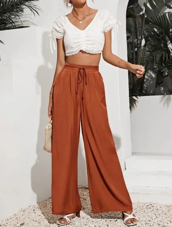 Sale Women's Wide Leg Pants Trousers Casual Daily Long Plain Drawstring Side Pockets Breathability Comfortable Micro-elastic Weekend Black Red Beige Gray Spring & Summer Regular Fit Women Pants