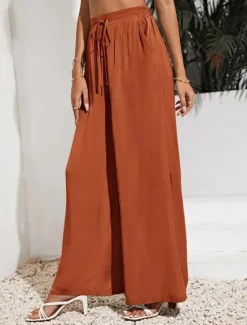 Sale Women's Wide Leg Pants Trousers Casual Daily Long Plain Drawstring Side Pockets Breathability Comfortable Micro-elastic Weekend Black Red Beige Gray Spring & Summer Regular Fit Women Pants