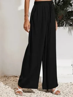 Sale Women's Wide Leg Pants Trousers Casual Daily Long Plain Drawstring Side Pockets Breathability Comfortable Micro-elastic Weekend Black Red Beige Gray Spring & Summer Regular Fit Women Pants
