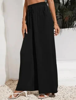 Sale Women's Wide Leg Pants Trousers Casual Daily Long Plain Drawstring Side Pockets Breathability Comfortable Micro-elastic Weekend Black Red Beige Gray Spring & Summer Regular Fit Women Pants