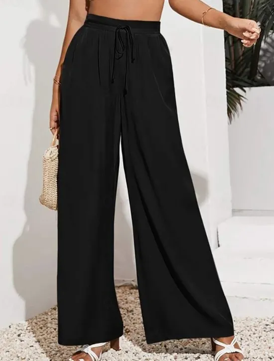 Sale Women's Wide Leg Pants Trousers Casual Daily Long Plain Drawstring Side Pockets Breathability Comfortable Micro-elastic Weekend Black Red Beige Gray Spring & Summer Regular Fit Women Pants