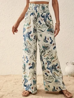 Outlet Women's Wide Leg Pants Trousers Casual Daily Long Floral Wide Leg Printing Breathability Comfortable Micro-elastic Vacation Weekend Pink Navy Blue Blue Apricot Spring & Summer Regular Fit Women Pants|Spring Pants