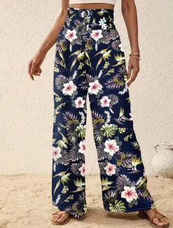 Outlet Women's Wide Leg Pants Trousers Casual Daily Long Floral Wide Leg Printing Breathability Comfortable Micro-elastic Vacation Weekend Pink Navy Blue Blue Apricot Spring & Summer Regular Fit Women Pants|Spring Pants