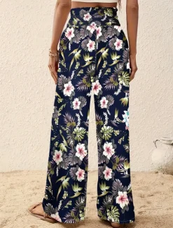 Outlet Women's Wide Leg Pants Trousers Casual Daily Long Floral Wide Leg Printing Breathability Comfortable Micro-elastic Vacation Weekend Pink Navy Blue Blue Apricot Spring & Summer Regular Fit Women Pants|Spring Pants