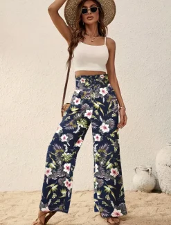 Outlet Women's Wide Leg Pants Trousers Casual Daily Long Floral Wide Leg Printing Breathability Comfortable Micro-elastic Vacation Weekend Pink Navy Blue Blue Apricot Spring & Summer Regular Fit Women Pants|Spring Pants