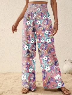 Outlet Women's Wide Leg Pants Trousers Casual Daily Long Floral Wide Leg Printing Breathability Comfortable Micro-elastic Vacation Weekend Pink Navy Blue Blue Apricot Spring & Summer Regular Fit Women Pants|Spring Pants