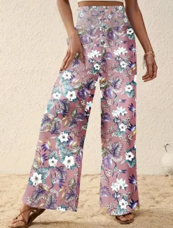 Outlet Women's Wide Leg Pants Trousers Casual Daily Long Floral Wide Leg Printing Breathability Comfortable Micro-elastic Vacation Weekend Pink Navy Blue Blue Apricot Spring & Summer Regular Fit Women Pants|Spring Pants