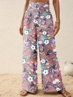 Outlet Women's Wide Leg Pants Trousers Casual Daily Long Floral Wide Leg Printing Breathability Comfortable Micro-elastic Vacation Weekend Pink Navy Blue Blue Apricot Spring & Summer Regular Fit Women Pants|Spring Pants