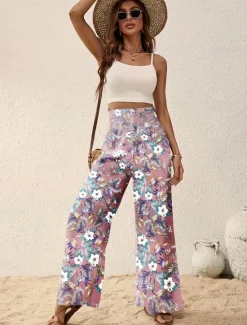 Outlet Women's Wide Leg Pants Trousers Casual Daily Long Floral Wide Leg Printing Breathability Comfortable Micro-elastic Vacation Weekend Pink Navy Blue Blue Apricot Spring & Summer Regular Fit Women Pants|Spring Pants