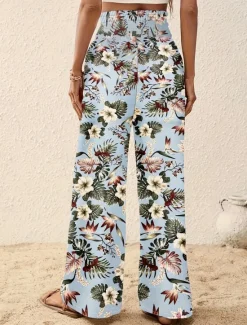 Outlet Women's Wide Leg Pants Trousers Casual Daily Long Floral Wide Leg Printing Breathability Comfortable Micro-elastic Vacation Weekend Pink Navy Blue Blue Apricot Spring & Summer Regular Fit Women Pants|Spring Pants