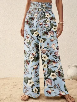 Outlet Women's Wide Leg Pants Trousers Casual Daily Long Floral Wide Leg Printing Breathability Comfortable Micro-elastic Vacation Weekend Pink Navy Blue Blue Apricot Spring & Summer Regular Fit Women Pants|Spring Pants