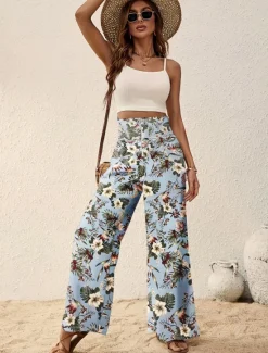 Outlet Women's Wide Leg Pants Trousers Casual Daily Long Floral Wide Leg Printing Breathability Comfortable Micro-elastic Vacation Weekend Pink Navy Blue Blue Apricot Spring & Summer Regular Fit Women Pants|Spring Pants