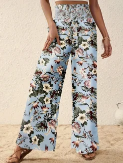 Outlet Women's Wide Leg Pants Trousers Casual Daily Long Floral Wide Leg Printing Breathability Comfortable Micro-elastic Vacation Weekend Pink Navy Blue Blue Apricot Spring & Summer Regular Fit Women Pants|Spring Pants
