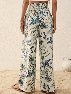 Outlet Women's Wide Leg Pants Trousers Casual Daily Long Floral Wide Leg Printing Breathability Comfortable Micro-elastic Vacation Weekend Pink Navy Blue Blue Apricot Spring & Summer Regular Fit Women Pants|Spring Pants