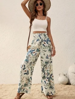 Outlet Women's Wide Leg Pants Trousers Casual Daily Long Floral Wide Leg Printing Breathability Comfortable Micro-elastic Vacation Weekend Pink Navy Blue Blue Apricot Spring & Summer Regular Fit Women Pants|Spring Pants