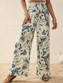 Outlet Women's Wide Leg Pants Trousers Casual Daily Long Floral Wide Leg Printing Breathability Comfortable Micro-elastic Vacation Weekend Pink Navy Blue Blue Apricot Spring & Summer Regular Fit Women Pants|Spring Pants