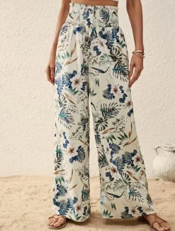 Outlet Women's Wide Leg Pants Trousers Casual Daily Long Floral Wide Leg Printing Breathability Comfortable Micro-elastic Vacation Weekend Pink Navy Blue Blue Apricot Spring & Summer Regular Fit Women Pants|Spring Pants