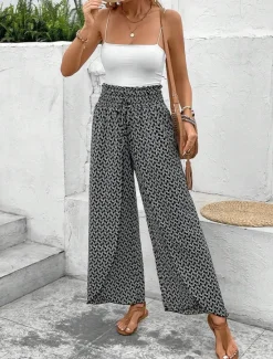 Best Women's Wide Leg Pants Trousers Streetwear Casual Long High Waist Geometic Pocket Printing Elastic Drawstring Design Breathability Soft Micro-elastic Vacation Street Daily Wear Cuticolor Black White Women Pants