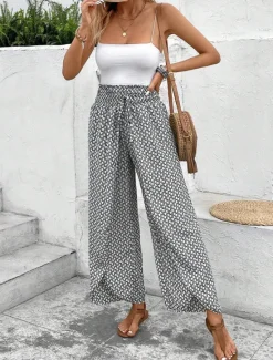 Best Women's Wide Leg Pants Trousers Streetwear Casual Long High Waist Geometic Pocket Printing Elastic Drawstring Design Breathability Soft Micro-elastic Vacation Street Daily Wear Cuticolor Black White Women Pants