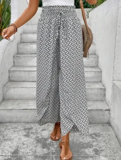Best Women's Wide Leg Pants Trousers Streetwear Casual Long High Waist Geometic Pocket Printing Elastic Drawstring Design Breathability Soft Micro-elastic Vacation Street Daily Wear Cuticolor Black White Women Pants