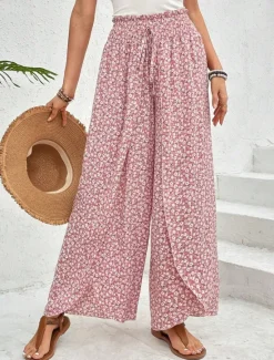 Best Women's Wide Leg Pants Trousers Streetwear Casual Long High Waist Geometic Pocket Printing Elastic Drawstring Design Breathability Soft Micro-elastic Vacation Street Daily Wear Cuticolor Black White Women Pants