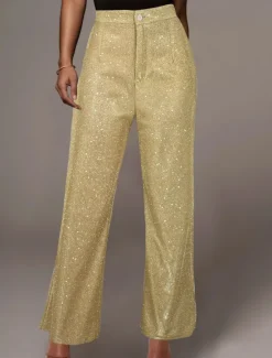 Online Women's Wide Leg Pants Trousers Fashion Streetwear Sparkle Full Length High Waist Solid Color Sequins Comfort Breathability Soft Micro-elastic Vacation Party Street Black Golden Pink Blue Fall Winter Women Pants